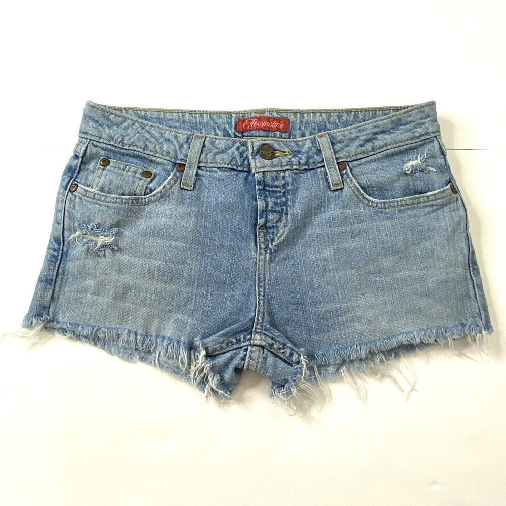 Aeropostale Women's size 3/4 Distressed Raw Hems Blue Jean Denim Booty Shorts - Picture 1 of 10